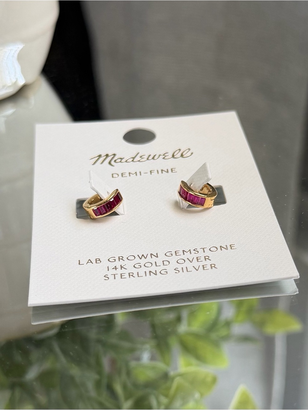 Madewell Demi-Fine Ruby Baguette Huggie Earrings 14K Gold Plated NWT